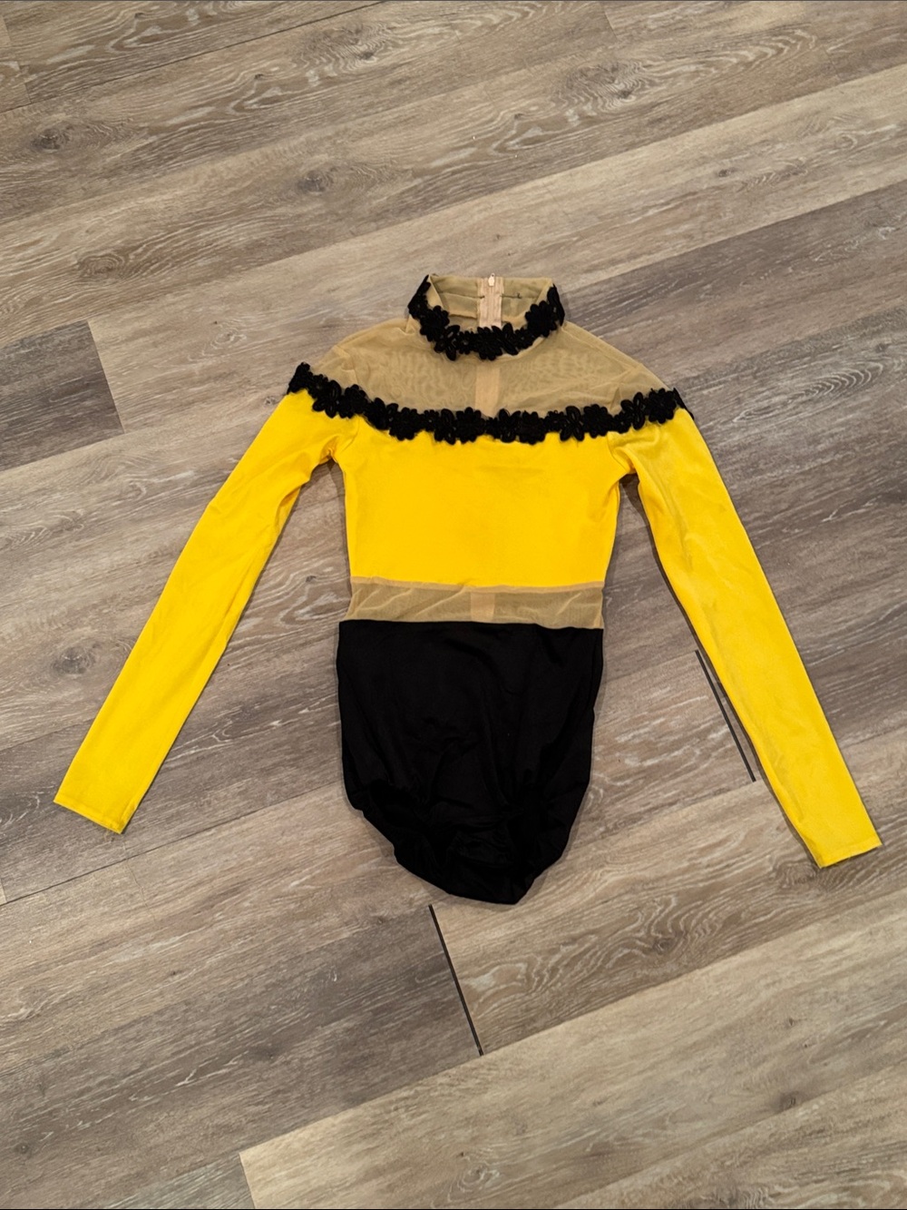 Kelle- Yellow and Black Long-Sleeve Kids Dance Leotard with Sheer Yoke